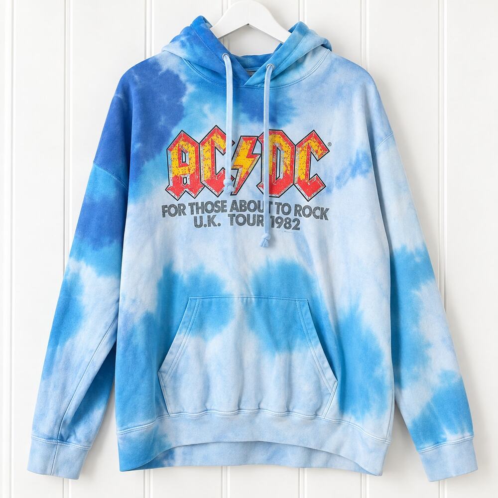 AC/DC Hoodie Womens 3X Blue Tie Dye UK Tour 1982 Graphic Pullover Band
